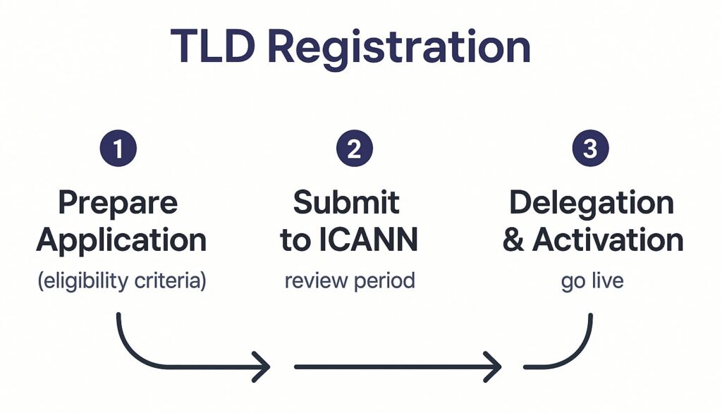Build TLD registration process infographic showing application, ICANN submission, and delegation