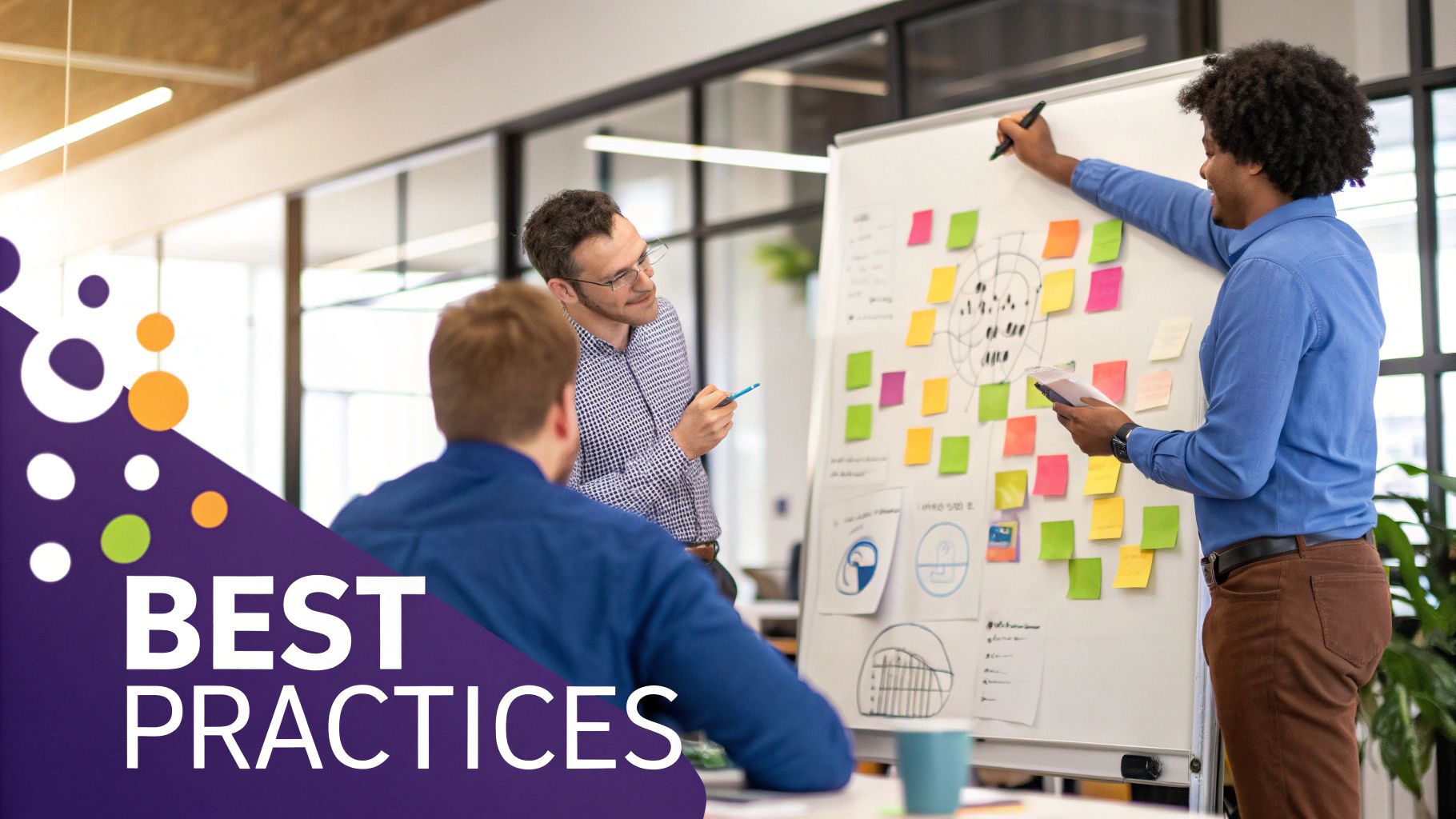Team brainstorming best practices to build TLD strategy on whiteboard