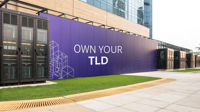 Banner promoting the upcoming ICANN gTLD application round in 2026 with the message “Own Your TLD.”