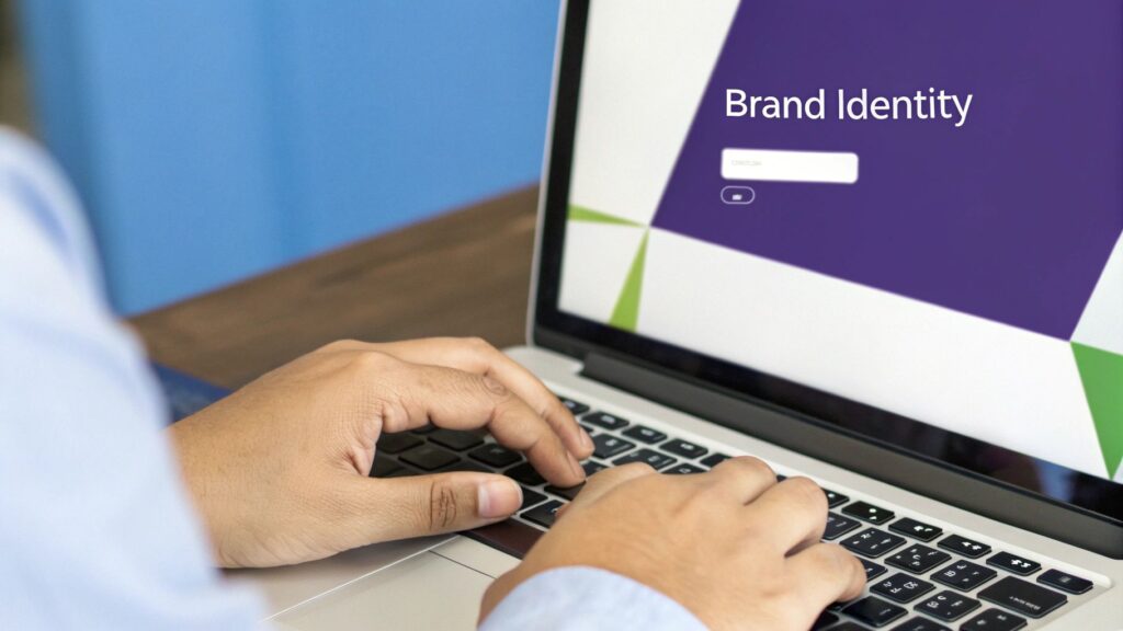 Person typing on a laptop with “Brand Identity” displayed on the screen, symbolizing control and ownership with a custom top-level domain.