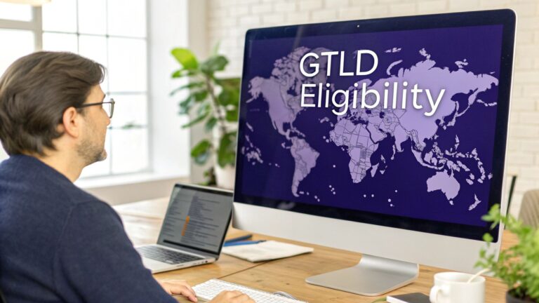 A man at a computer viewing a world map with the text “gTLD Eligibility,” representing ICANN’s 2026 new gTLD applicant rules.