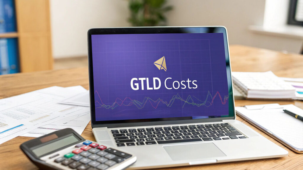 Laptop screen showing “TLD Costs” with text about fees, refunds, and support in ICANN’s 2026 gTLD round