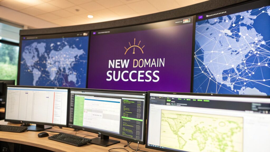 ICANN gTLD Reveal Day event showing presentation screens announcing the future of new domain extensions.