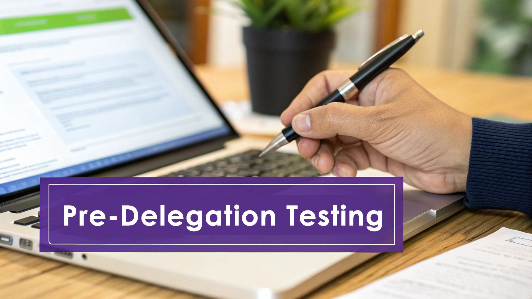 Person reviewing technical documents on a laptop, ICANN pre-delegation testing for new gTLDs.
