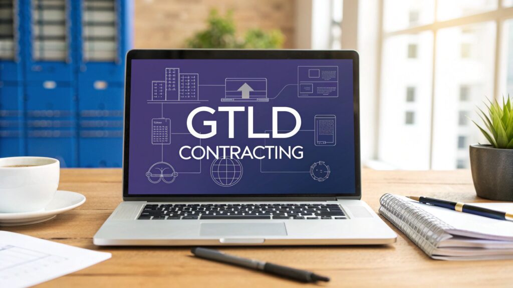 Laptop on desk displaying “gTLD Contracting” presentation, representing ICANN’s 2026 gTLD contracting phase after application approval.