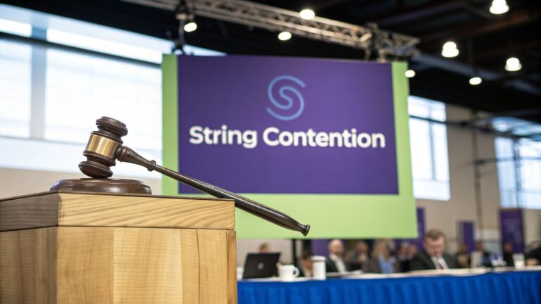 Presentation screen with the words gTLD string contention, illustrating ICANN’s 2026 process where multiple applicants compete for the same domain string.
