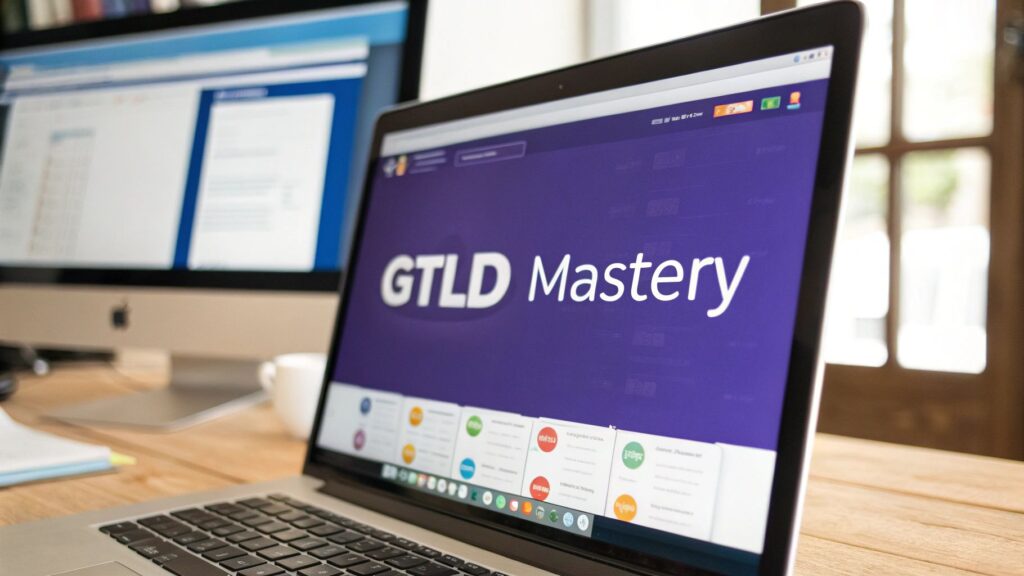 Computer screen showing “gTLD Mastery” presentation, representing the process of choosing the right gTLD string.