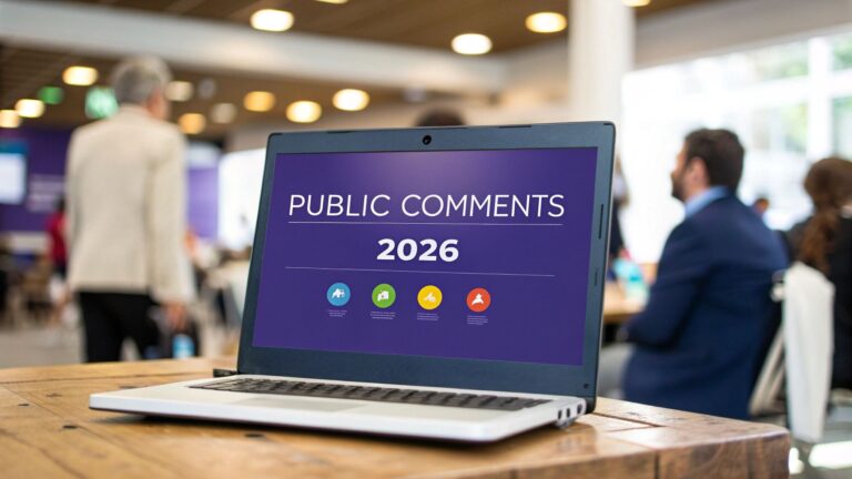 Laptop screen reading 'Public Comments 2026' at an ICANN event - gTLD public comments 2026