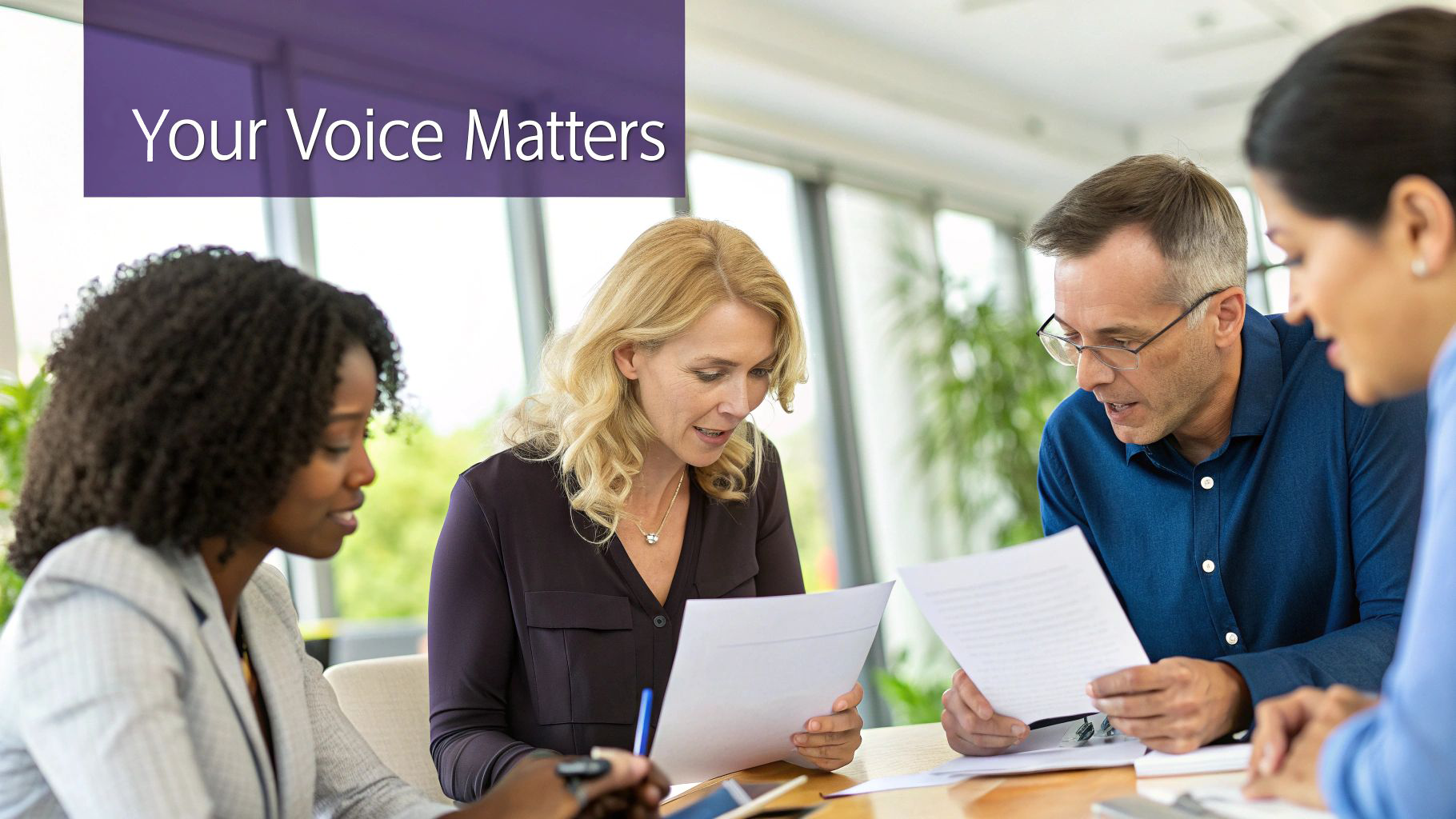 Stakeholders discussing ICANN applications with a 'Your Voice Matters' banner - gTLD public comments 2026