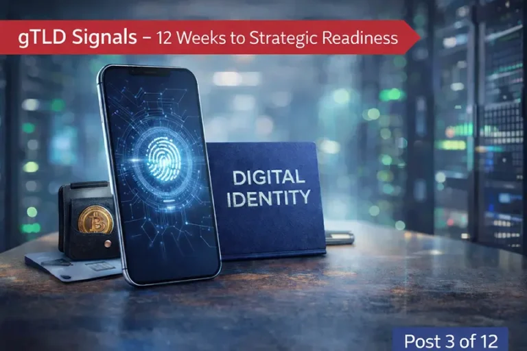 Digital identity infrastructure illustrated with a smartphone biometric scan, digital wallet, and data center background representing mobile-first internet systems and utility gTLDs.