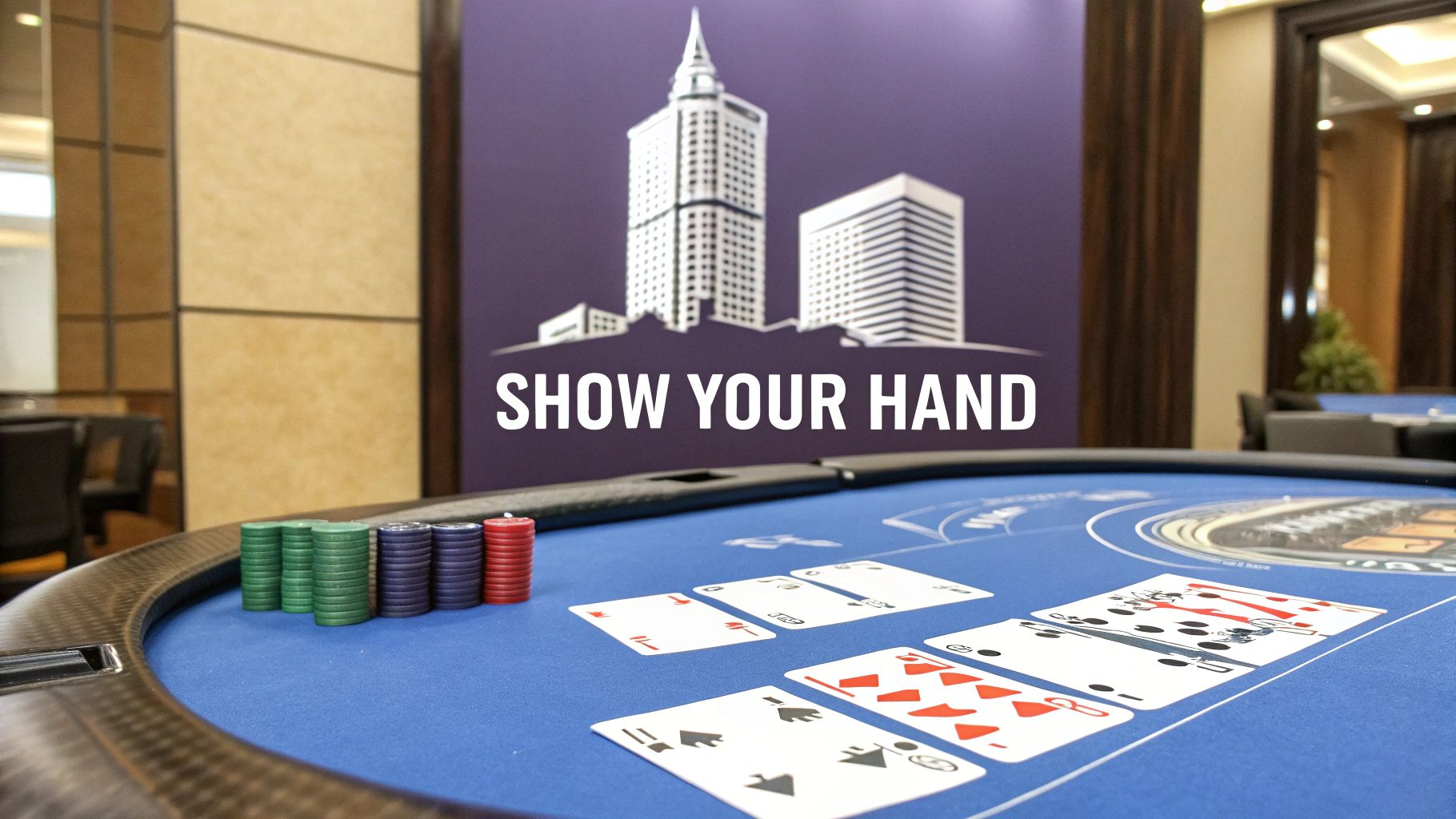 Poker table with cards and chips illustrating strategic signaling and early ICANN gTLD disclosure decisions.