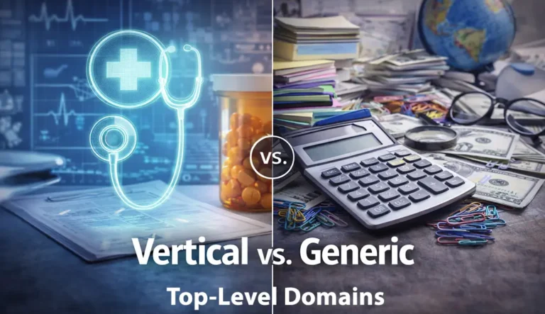Comparison of vertical versus generic new top-level domains, showing focused industry use cases contrasted with broad, unfocused domain strategies.